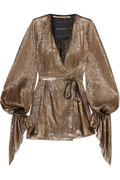 Shop Roland Mouret Hamberg Metallic Plissé Silk-blend Wrap Mini Dress In Gold
