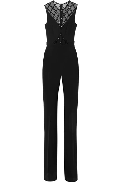 Shop David Koma Crystal-embellished Tulle And Cady Jumpsuit In Black