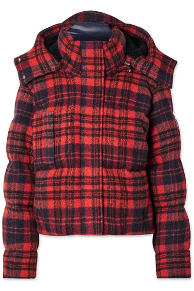 Shop Chloé Hooded Quilted Checked Wool Jacket In Red