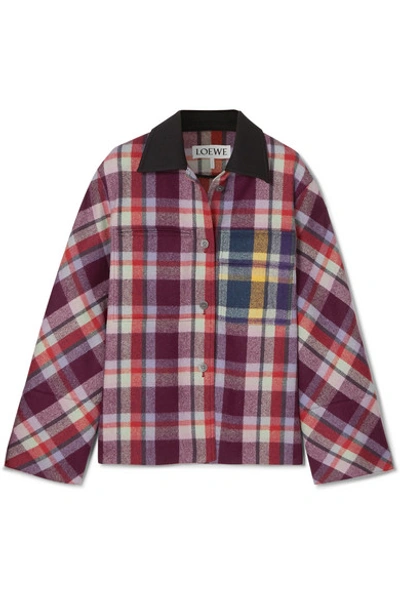 Shop Loewe Leather-trimmed Checked Brushed-wool Jacket In Purple