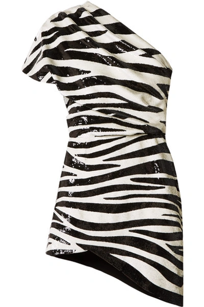 One-shoulder Asymmetric Sequined Crepe Mini Dress In Zebra Print