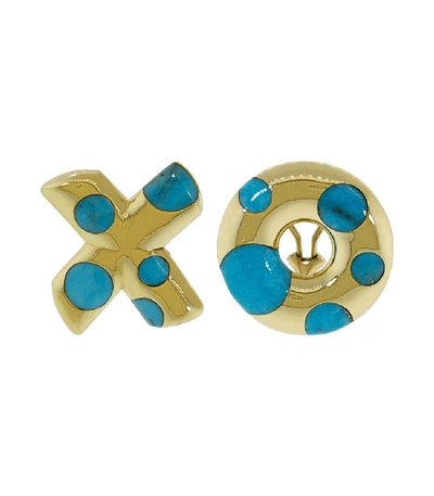 Shop Retrouvai Turquoise Polka Dot "xo" Earrings In Ylwgold