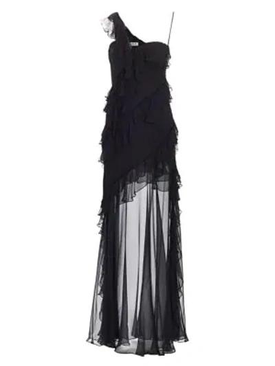 Shop Amur Harlow One-shoulder Ruffle & Sheer Gown In Black