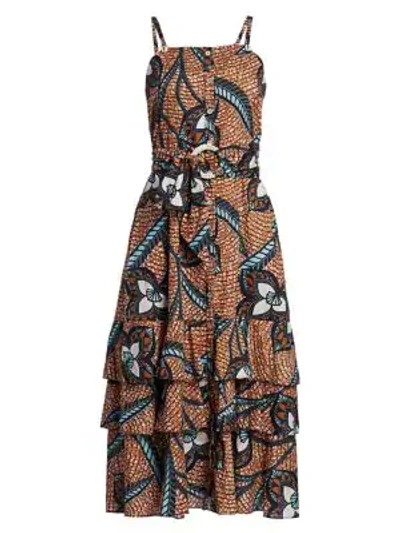 Shop Figue Marina Belted Print Midi Flare Dress In Moon Ivy Ice