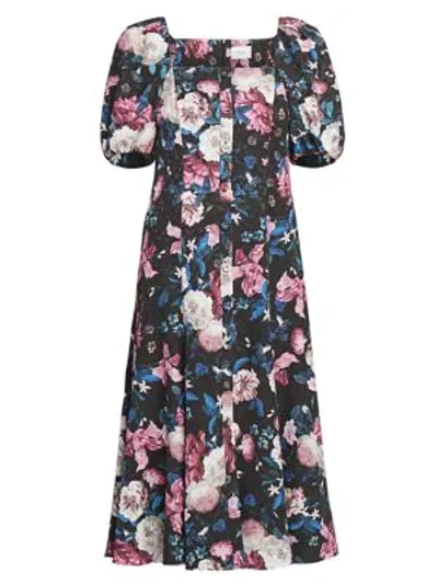 Shop Erdem Mariona Dusk Bouquet Puff-sleeve Midi Dress In Black Pink