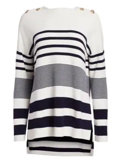 Shop St John Striped Dropped Shoulder Sweater In White Navy