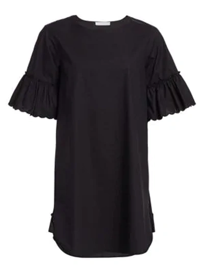 Shop See By Chloé Ruffle Lace Eyelet-sleeve Poplin Shift Dress In Black