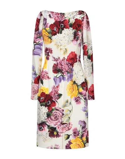 Dolce & Gabbana White Floral Print Silk Long Sleeve Dress In Ivory