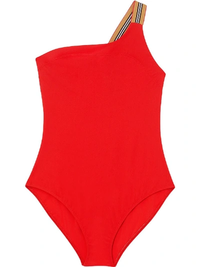 Shop Burberry One Shoulder Damas Swimsuit In Red