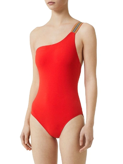 Shop Burberry One Shoulder Damas Swimsuit In Red