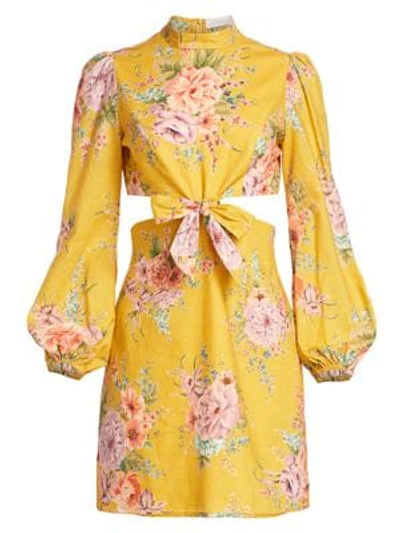 Shop Zimmermann Zinnia Cutout Linen Mini Puff-sleeve Dress In Golden Floral