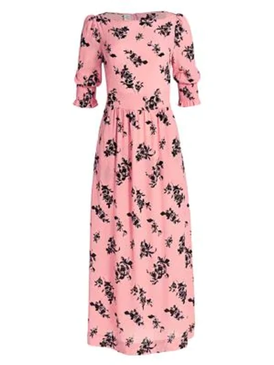 Shop Baum Und Pferdgarten Romance & Rituals Aiden Floral-print Puff-sleeve Stretch-silk A-line Maxi Dress In Pink Black
