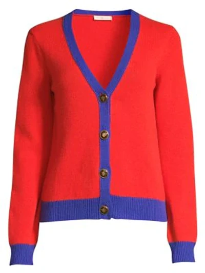 Shop Tory Burch Contrast-trim Cashmere Cardigan Sweater In Brilliant Red Nautical Blue