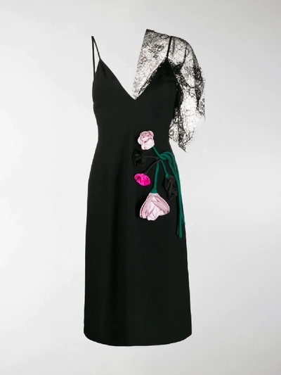 Shop Prada Lace-panelled Floral-appliqued Midi Dress In Black