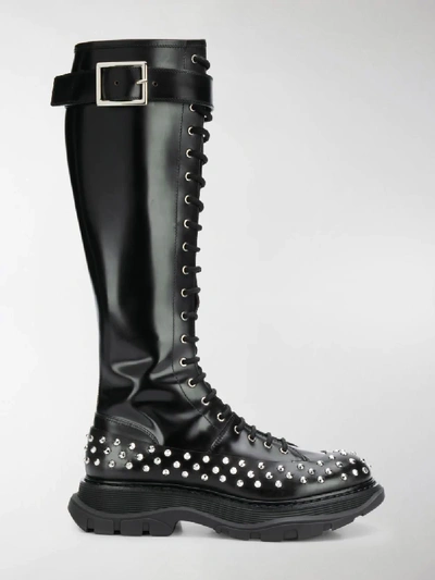 Shop Alexander Mcqueen Crystal Embellished Lace-up Boots In Black