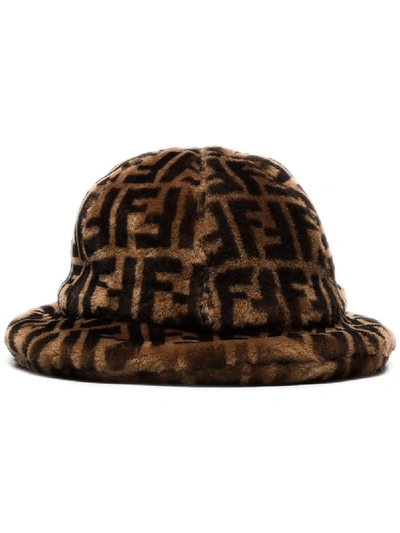 Shop Fendi Logo-print Shearling Bucket Hat In Foqe1 Brown