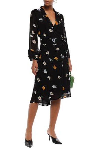 Shop Ganni Dainty Floral-print Georgette Wrap Dress In Black