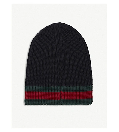 Shop Gucci Striped Knitted Wool Beanie In Midnight Blue