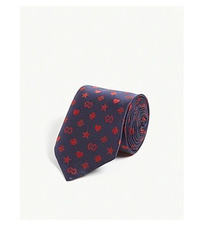 Shop Gucci Symbols Silk Tie In Navy Red