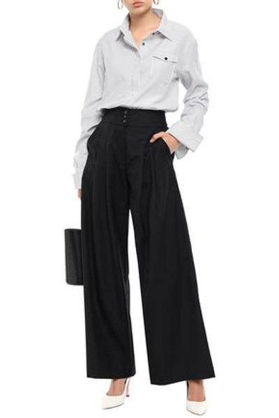 Shop Anna Quan Woman Convertible Striped Cotton-jacquard Shirt Dark Gray