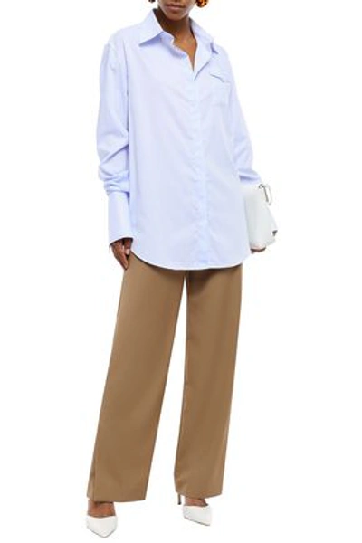 Shop Anna Quan Woman Convertible Striped Cotton-jacquard Shirt Light Blue