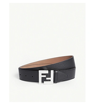 Shop Fendi Logo Buckle Leather Belt In Black Silver