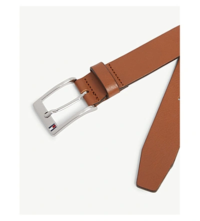 Shop Tommy Hilfiger Logo Buckle Leather Belt In Dark Tan