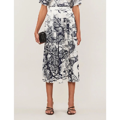 Shop Victoria Victoria Beckham Printed Pleated Satin-twill Midi Skirt In Navy Multi