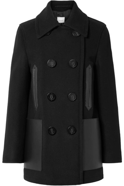 Shop Burberry Double-breasted Leather-trimmed Wool-blend Coat In Black