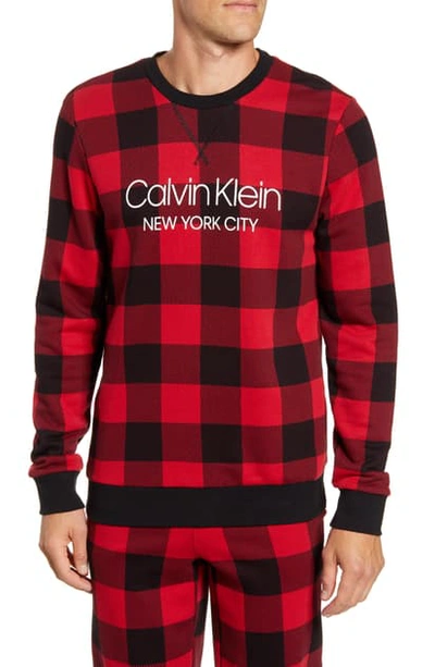Shop Calvin Klein Cotton Blend Crewneck Pajama Shirt In Buff Check Red