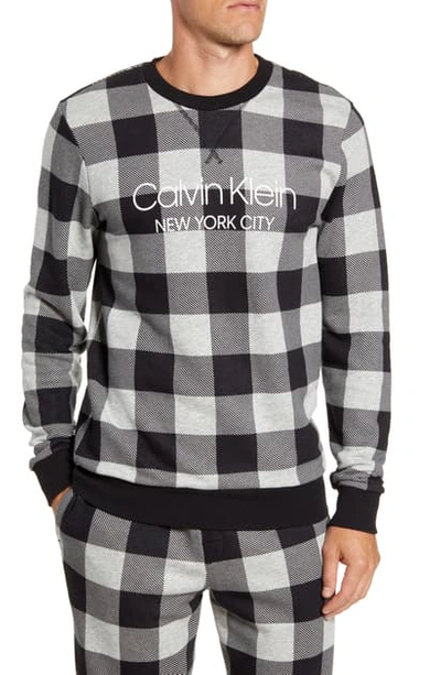 Shop Calvin Klein Cotton Blend Crewneck Pajama Shirt In Buff Check Grey