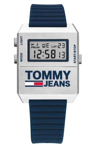 Shop Tommy Hilfiger Digital Rubber Strap Watch, 32.5mm X 42mm In Navy/ Blue/ Silver