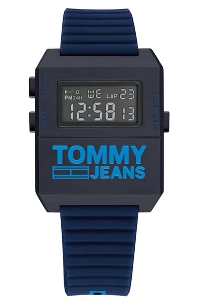 Shop Tommy Hilfiger Digital Rubber Strap Watch, 32.5mm X 42mm In Blue