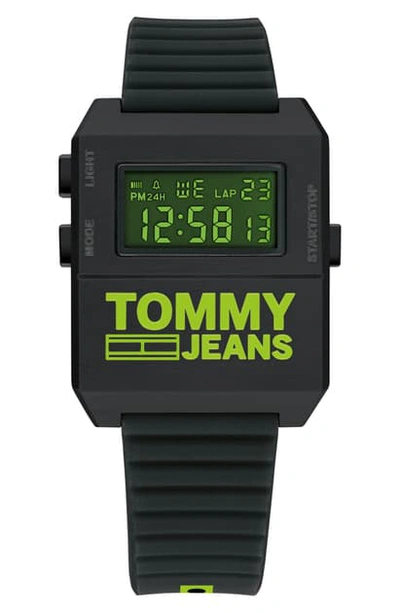 Shop Tommy Hilfiger Digital Rubber Strap Watch, 32.5mm X 42mm In Black/ Green