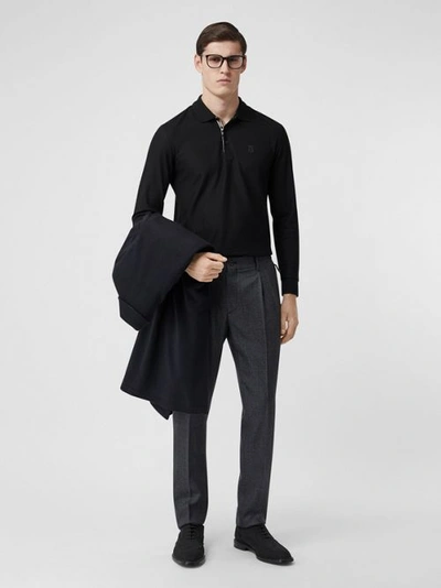 Shop Burberry Long-sleeve Monogram Motif Cotton Piqué Polo Shirt In Black