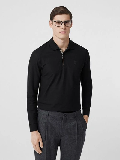 Shop Burberry Long-sleeve Monogram Motif Cotton Piqué Polo Shirt In Black