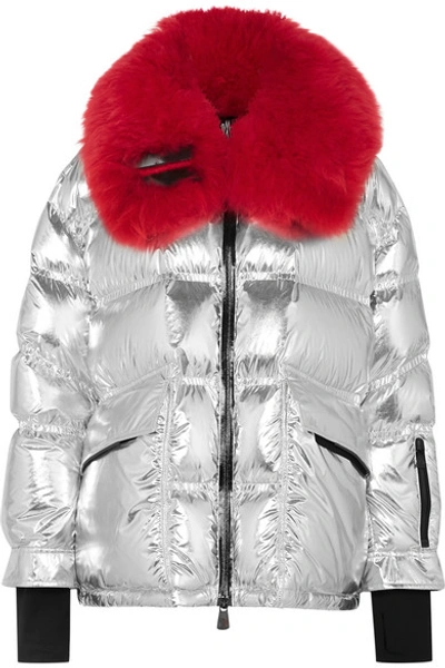 Shop Moncler Shearling-trimmed Metallic Quilted Down Ski Jacket In Silver