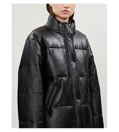 Shop Sandro Funnel-neck Padded Leather Jacket In Black