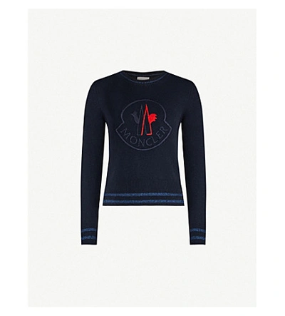 Shop Moncler Logo-embroidered Wool And Cashmere-blend Jumper In Blue