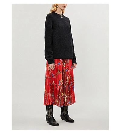 Shop Sandro Boot-print Pleated Satin Midi Skirt In Red
