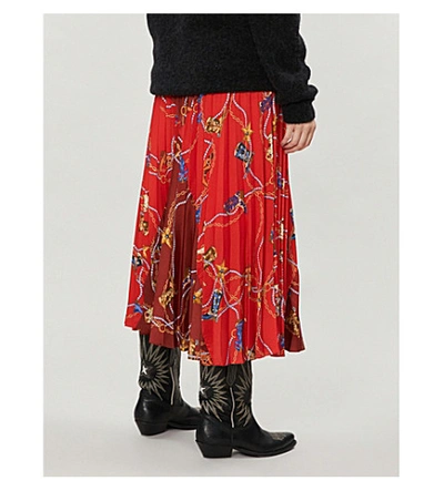 Shop Sandro Boot-print Pleated Satin Midi Skirt In Red