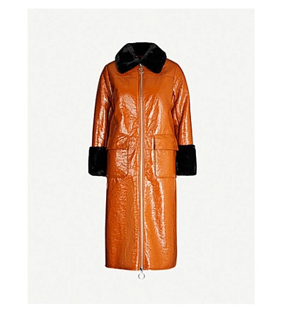 Shop Stand Studio Kristen Faux-fur-trimmed Patent Faux-leather Coat In Tan