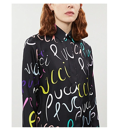 Shop Emilio Pucci Logo-print Long-sleeved Silk-twill Shirt In Nero Multicolor