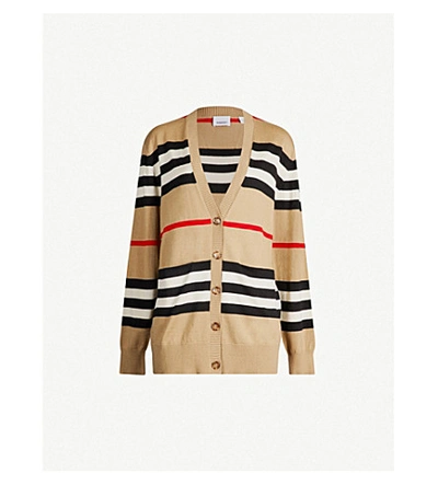 Shop Burberry Icon Stripe Merino-wool Cardigan In Archive Beige