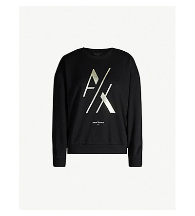 Shop Armani Exchange Metallic Logo-print Cotton-blend Sweatshirt In Black