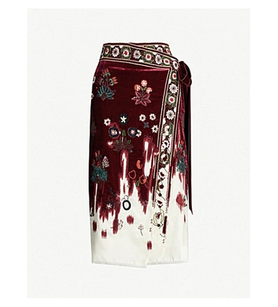 Shop Oscar De La Renta Floral-embellished Wool Midi Skirt In Claret Multi