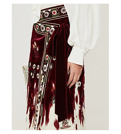 Shop Oscar De La Renta Floral-embellished Wool Midi Skirt In Claret Multi