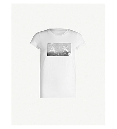 Shop Armani Exchange Sequinned Slim-fit Cotton-jersey T-shirt In White Silver