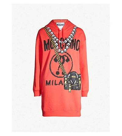 Shop Moschino Pixel-print Cotton Hoody Dress In Red