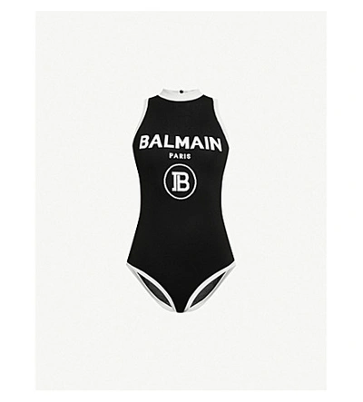 Shop Balmain Branded Sleeveless Stretch-knit Body In White Black